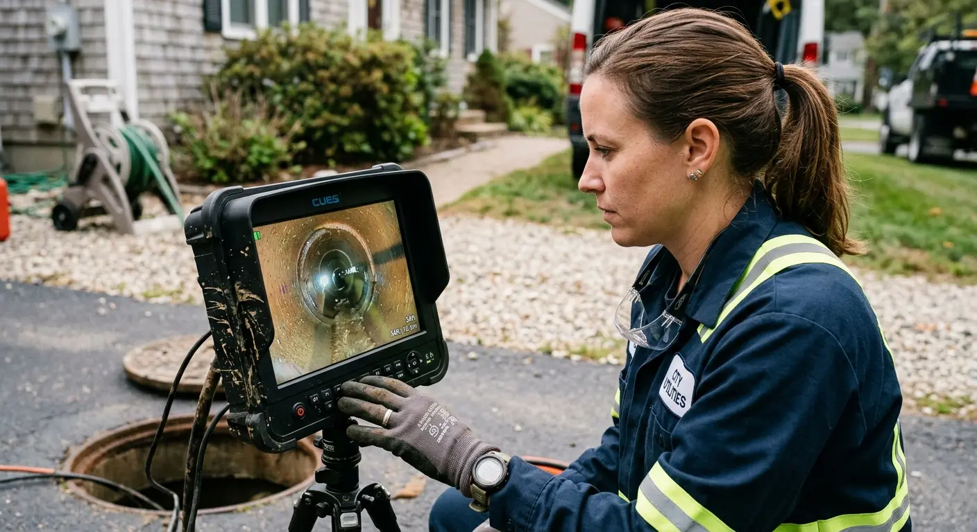 Technician reviewing sewer camera inspection footage in Bartlett