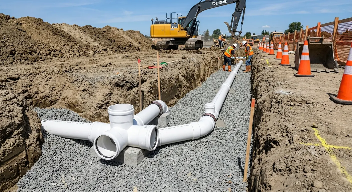 New PVC sewer pipe installation in open trench for Sewer Backup in Bartlett