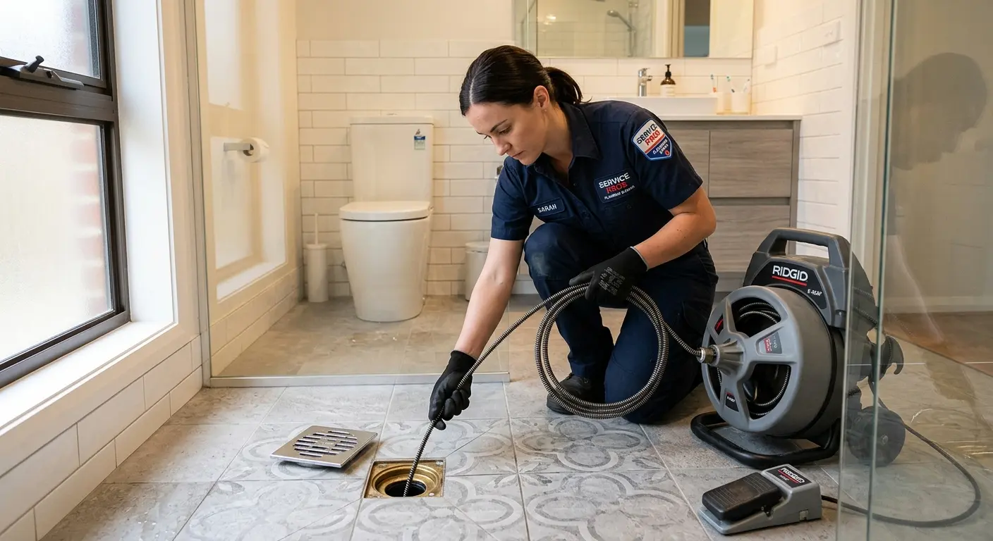 Technician clearing a bathroom floor drain for Drain Cleaning in Bartlett